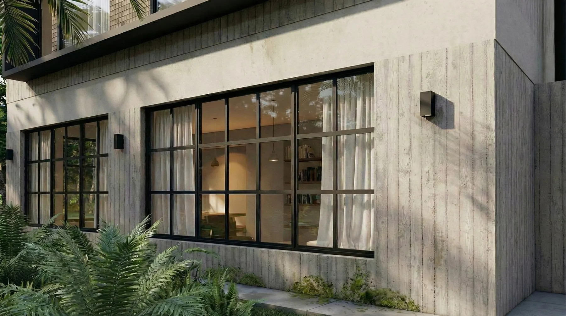 Render del lateral: ventanas de perfilería negra sobre hormigón encofrado con tablas