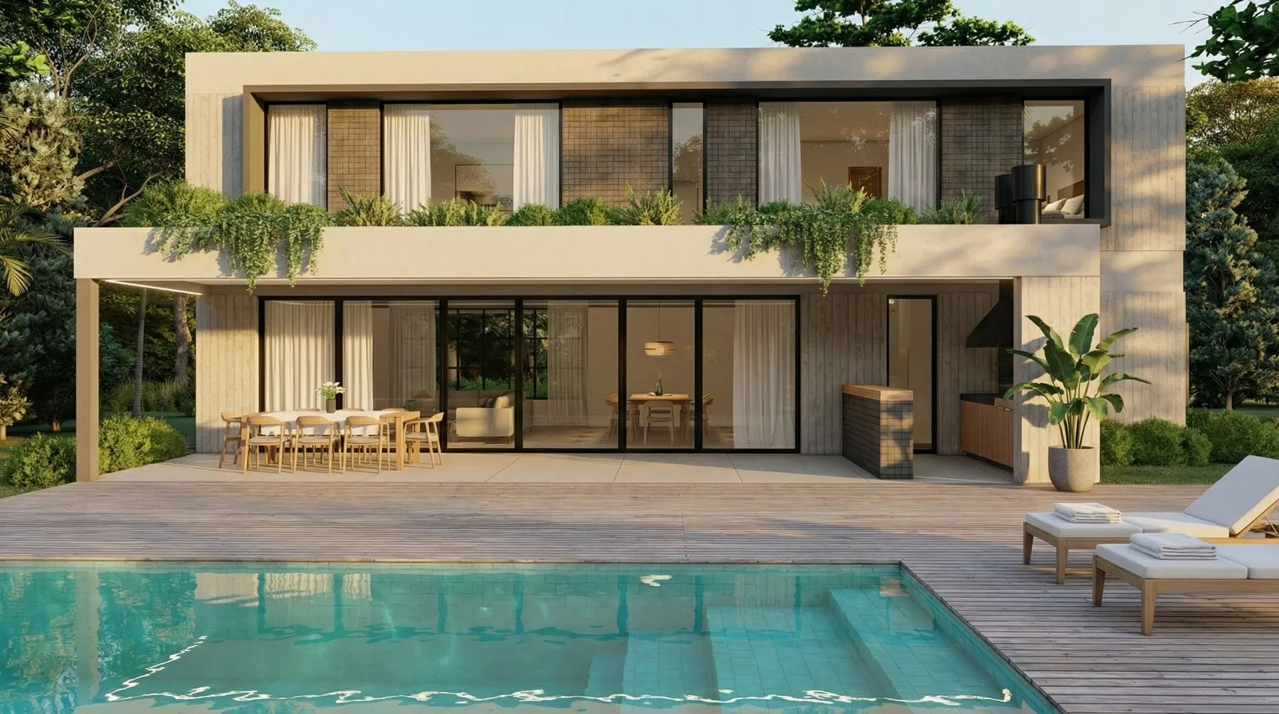Render del contrafrente: dos plantas, galería, parrilla y pileta con deck de madera
